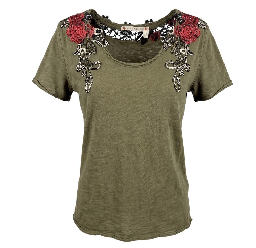 Olive Green Floral Lace Embroidered Top Short Sleeve